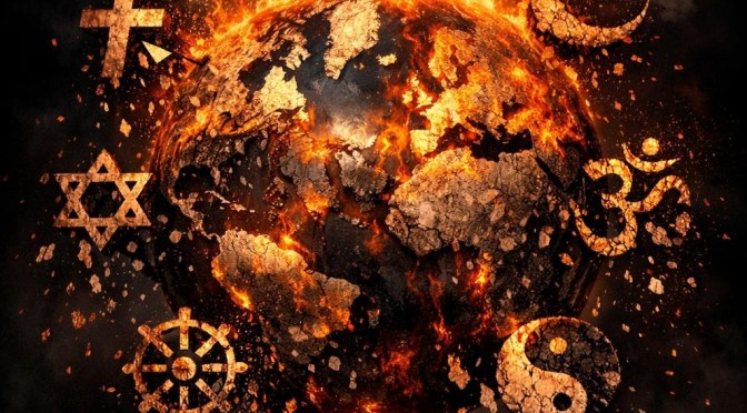 Earth engulfed in flames with Christian cross, Islamic crescent and star, Jewish Star of David, Hindu Om, Buddhist wheel, and Yin-Yang symbols