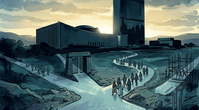Illustrated modern building with groups of people walking along winding paths